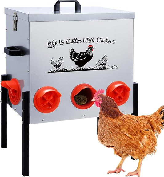 50LB Automatic Chicken Feeder–8 Feeding Ports No-Waste Galvanized Metal Chicken Feeder Box with Adjustable Legs & Locking Lid Poultry Feeder for Chickens,Ducks,Geese,Rust-Resistant