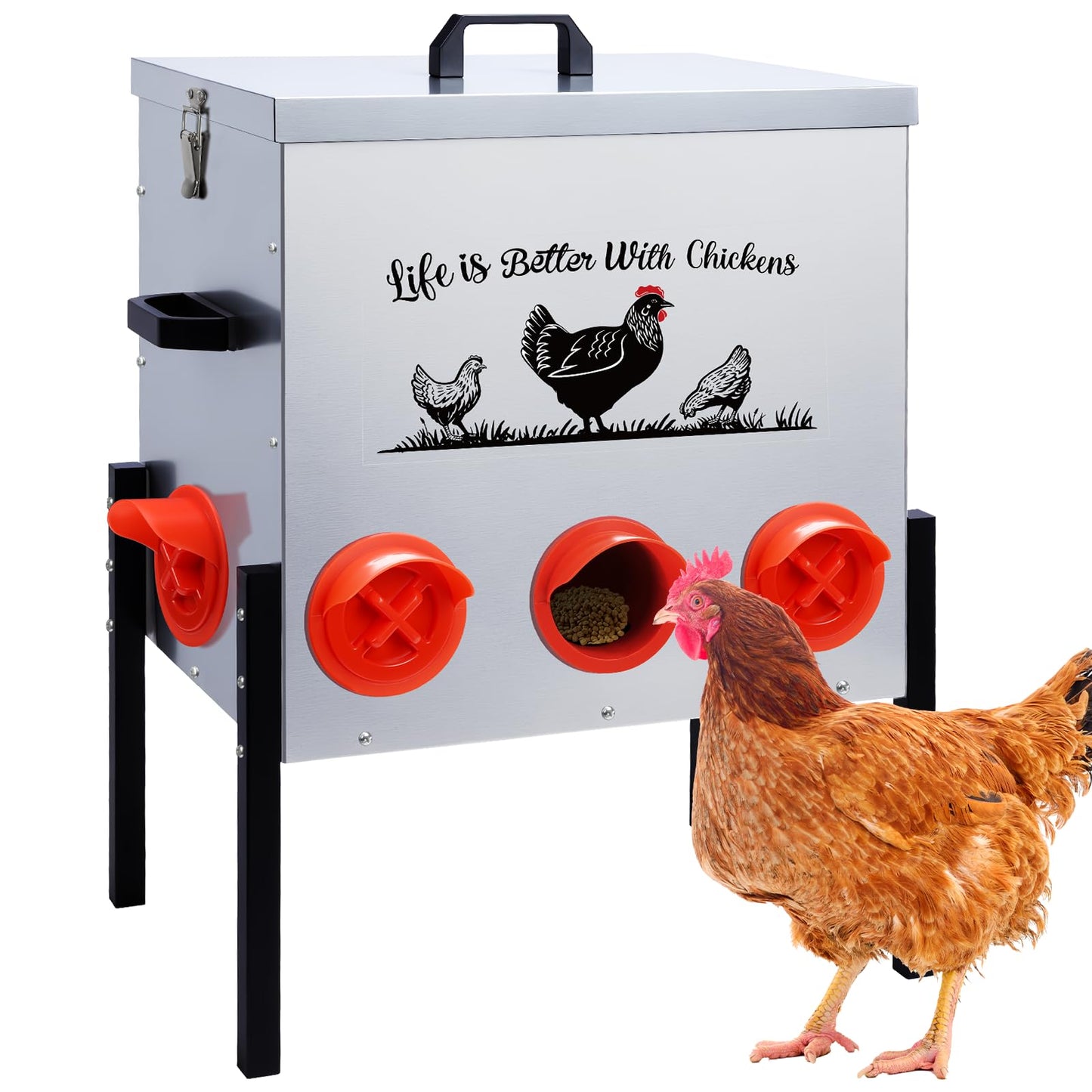 zeetmart 50LB Automatic Chicken Feeder–8 Feeding Ports No-Waste Galvanized Metal Chicken Feeder Box with Adjustable Legs & Locking Lid Poultry Feeder for Chickens,Ducks,Geese,Rust-Resistant