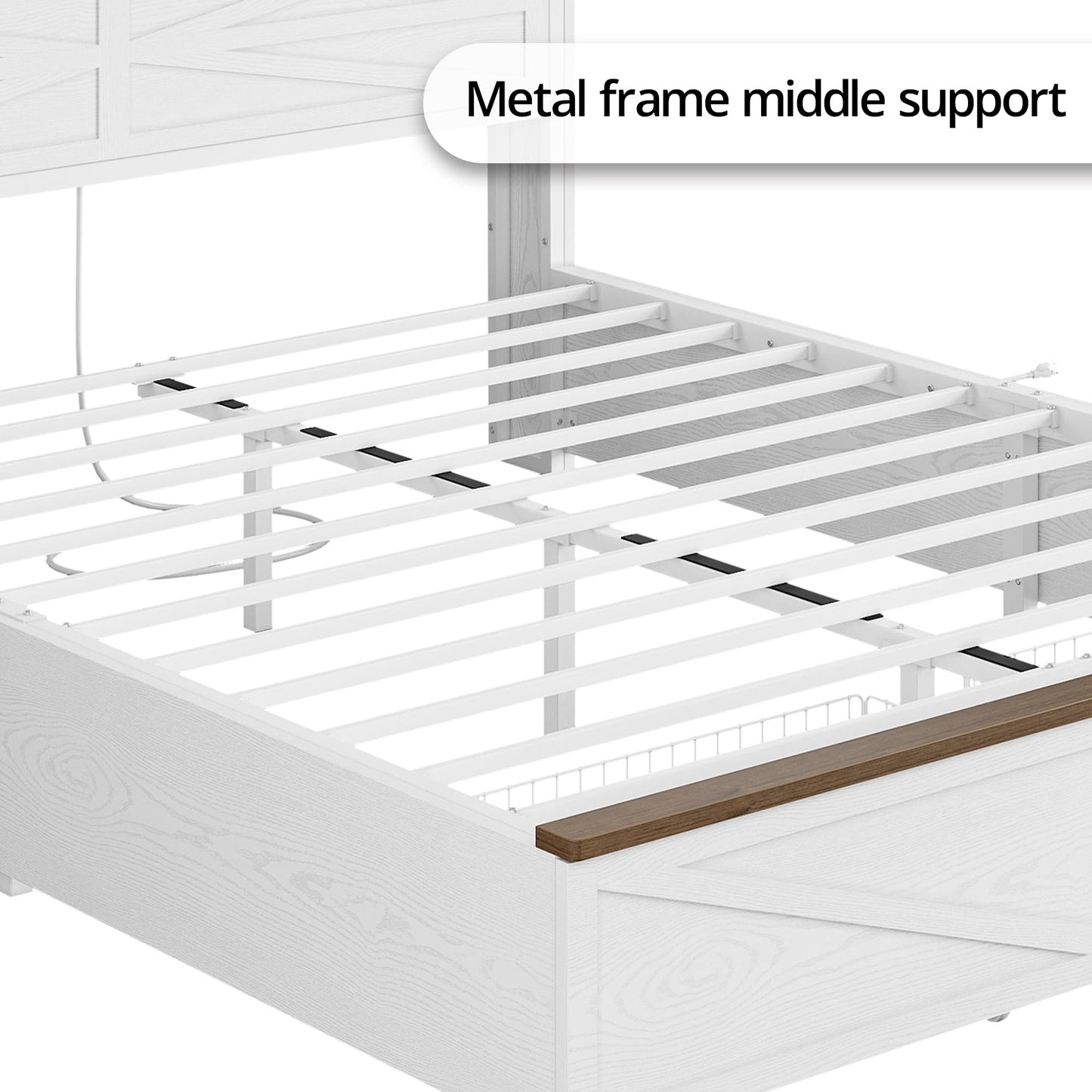 IRONCK Farmhouse King Size Bed Frame with LED Light and Charging Station, Wood Bed Frame with Storage Headboard and 2 Drawers， Barn Door Design, Sturdy and Noiseless, White