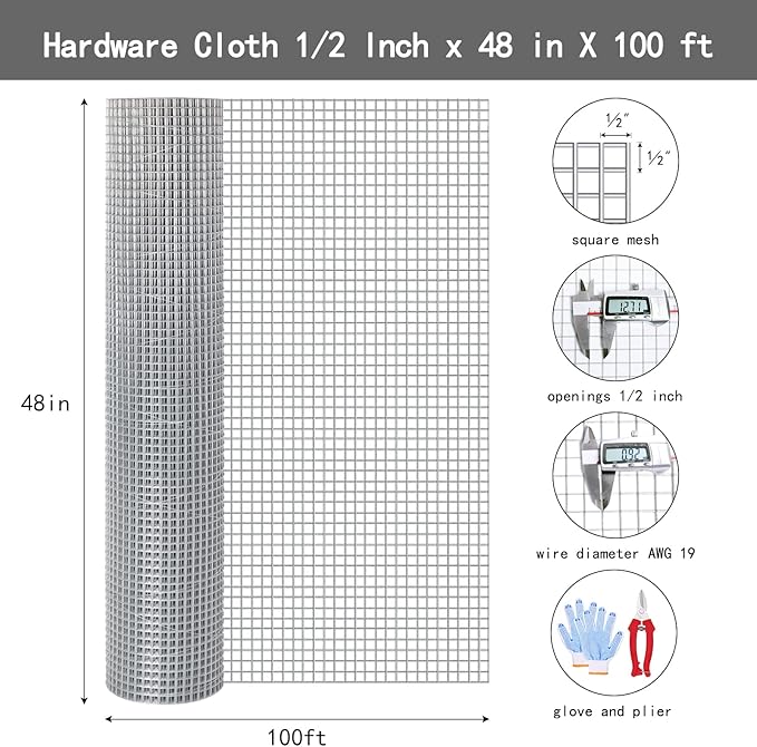 Thinkahead Hardware Cloth 1/2 Inch 48 X 100 ft 19 Gauge, Chicken Coop Wire Fencing, Hot Dipped Galvanized Wire Mesh, Hardware Cloth for Chicken Coop, Rabbit Cages, Garden, Small Rodents Screen Fence