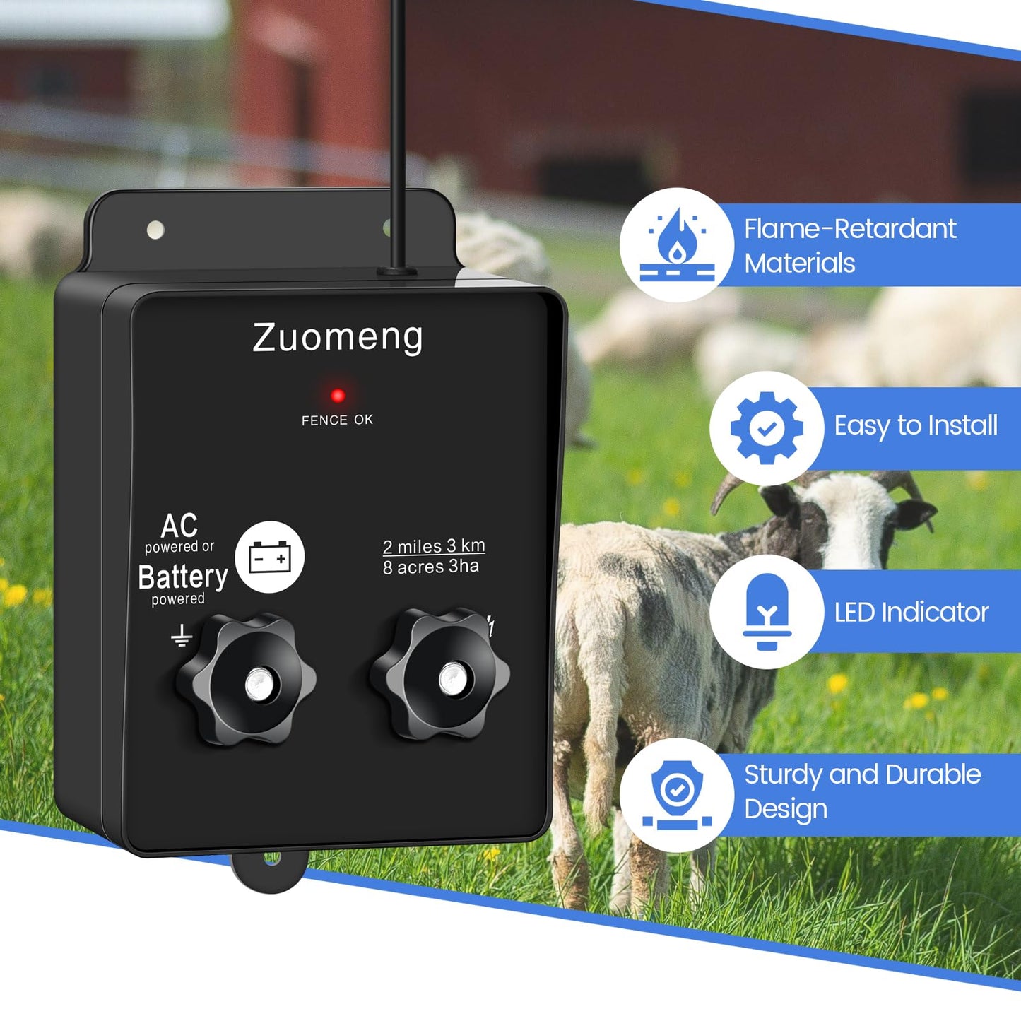 2-in-1 Electric Fence Energizer, Zuomeng 2-mile 8 Acres Electric Fence Charger Powered by Battery or Power Adapter, 0.1 Joules, Protect Your Livestock Garden Pasture from Wildlife