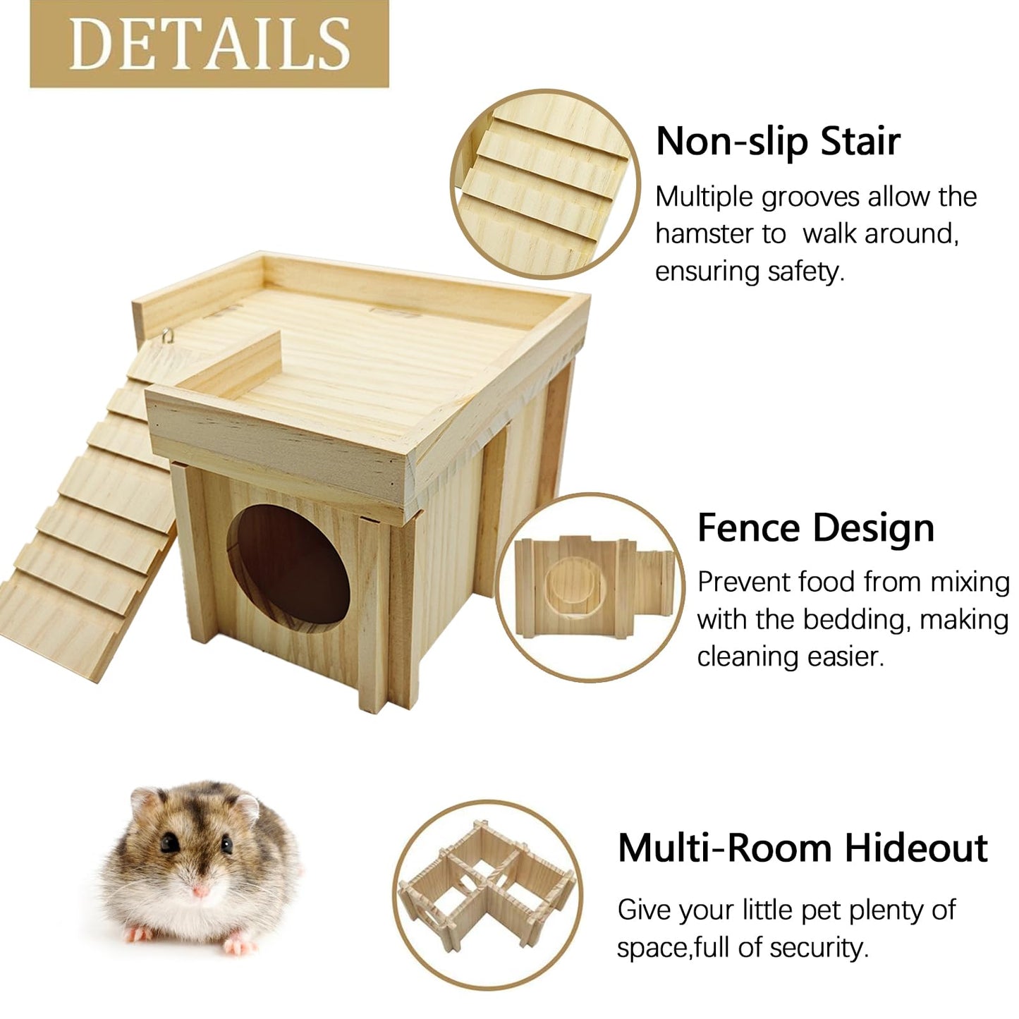 Wooden Hamster Hideout Hamster Wood House with Ladder Hides Platform Decor Detachable Small Animals Cage Accessories for Rat Gerbils and Other Small Pets