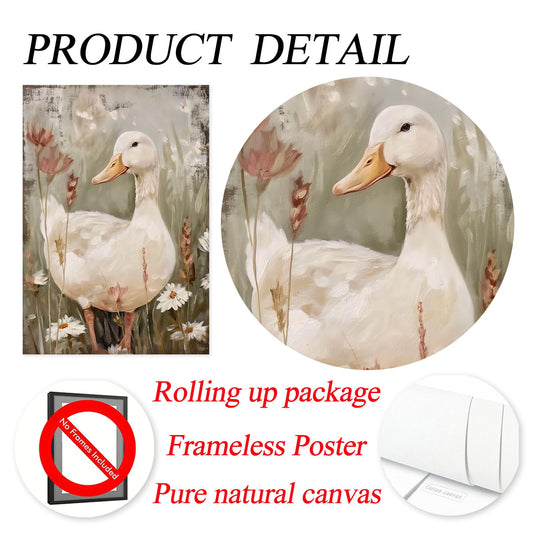 Vintage Goose Painting Farmhouse Duck Pictures Rustic Animal Canvas Wall Art Cute Goose Poster Vintage Nursery Artwork Flower Animal Wall Art Retro Duck Painting Cute Farmhouse Print 16x24in No Frame