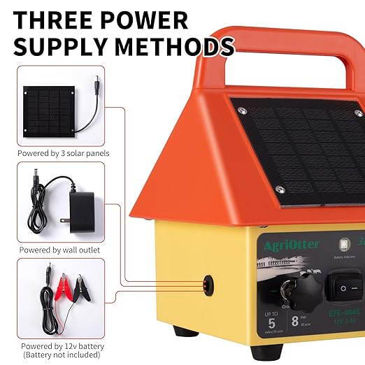 3-in-1 Electronic Fence Energizer Charger Solar/BatteryAC Powered Waterproof Design for Livestock Wildlife Control & Property Protection