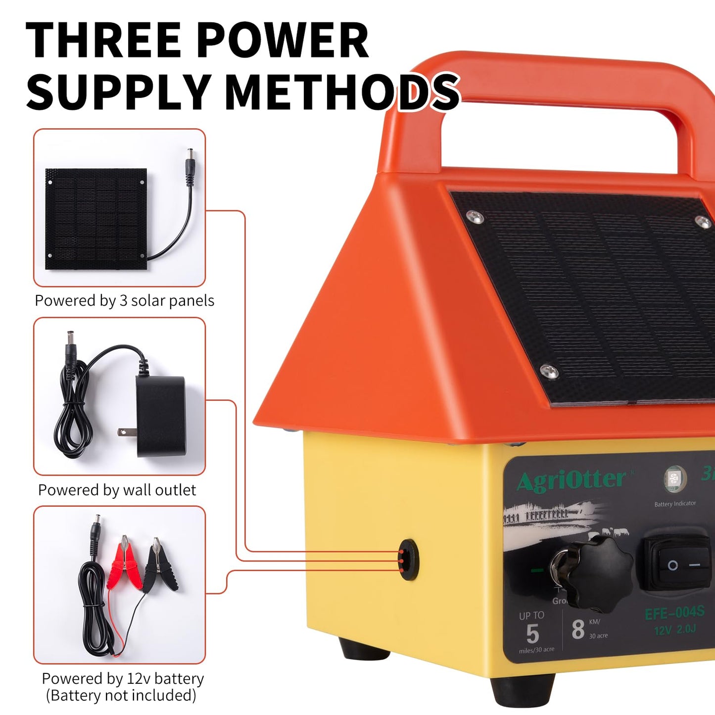 3-in-1 Electronic Fence Energizer Charger Solar/BatteryAC Powered Waterproof Design for Livestock Wildlife Control & Property Protection