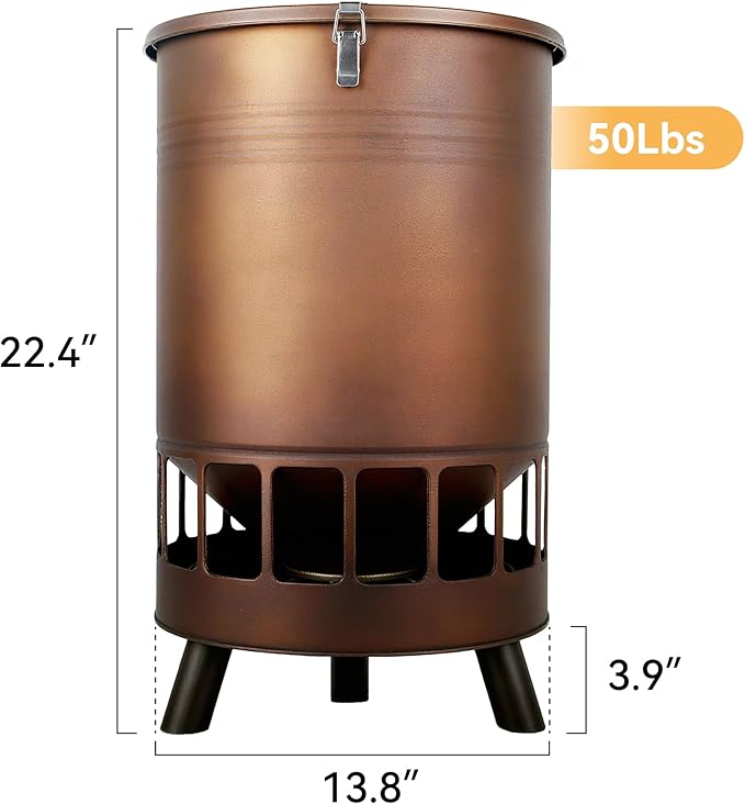 Solution4Patio 50LB No-Waste Chicken Feeder, Large Capacity Gravity Dispenser with Spill Control & 16 Feeding Ports Poultry Feeder for Outdoors & Hen Coop (Brown)