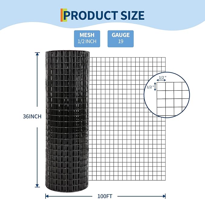 Hardware Cloth 1/2 Inch - 36in x 100ft Black Galvanized Chicken Wire Mesh Roll, Hot-Dipped After Welding for Chicken Coop, Rabbit Cages & Garden Fencing – Poultry Netting & Chicken Wire Fencing