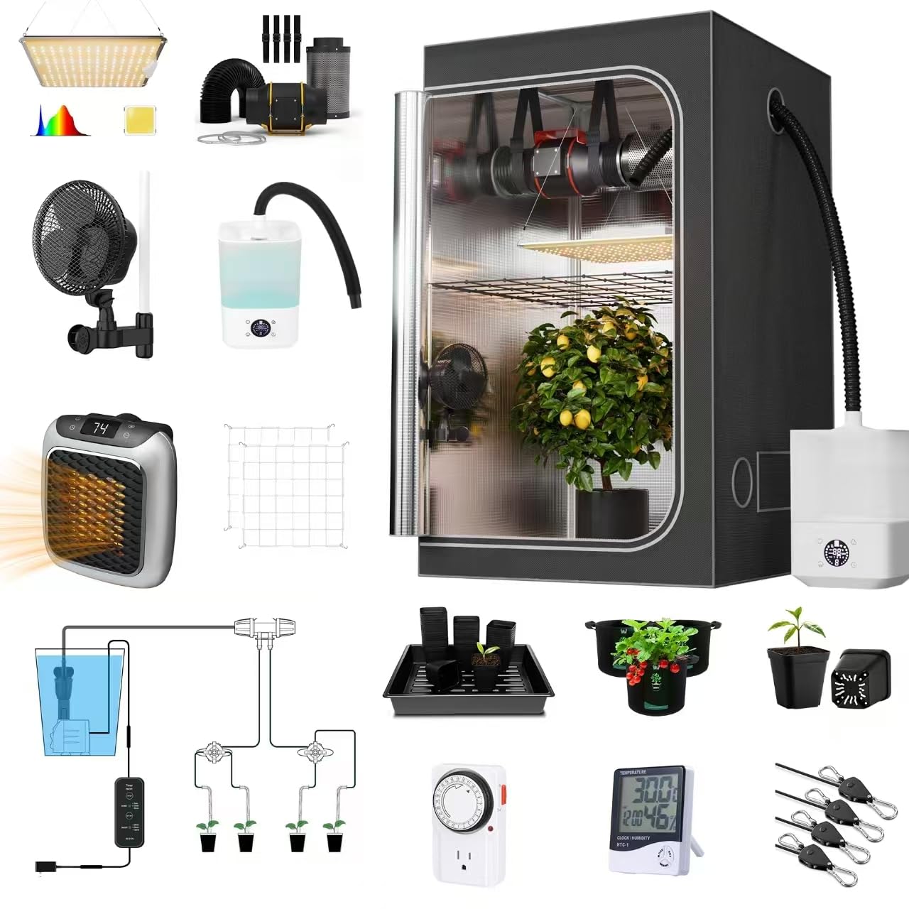Upgrade 32X32 Integrated Grow Tent Complete Kits System S1000 LED Grow Light Grow Tent Kit 4" Fan Filter and Humidifier (Fan Filter+LED Light+Grow Tents+Irrigation Kit+Clip Fan+Heater+Humidifier)