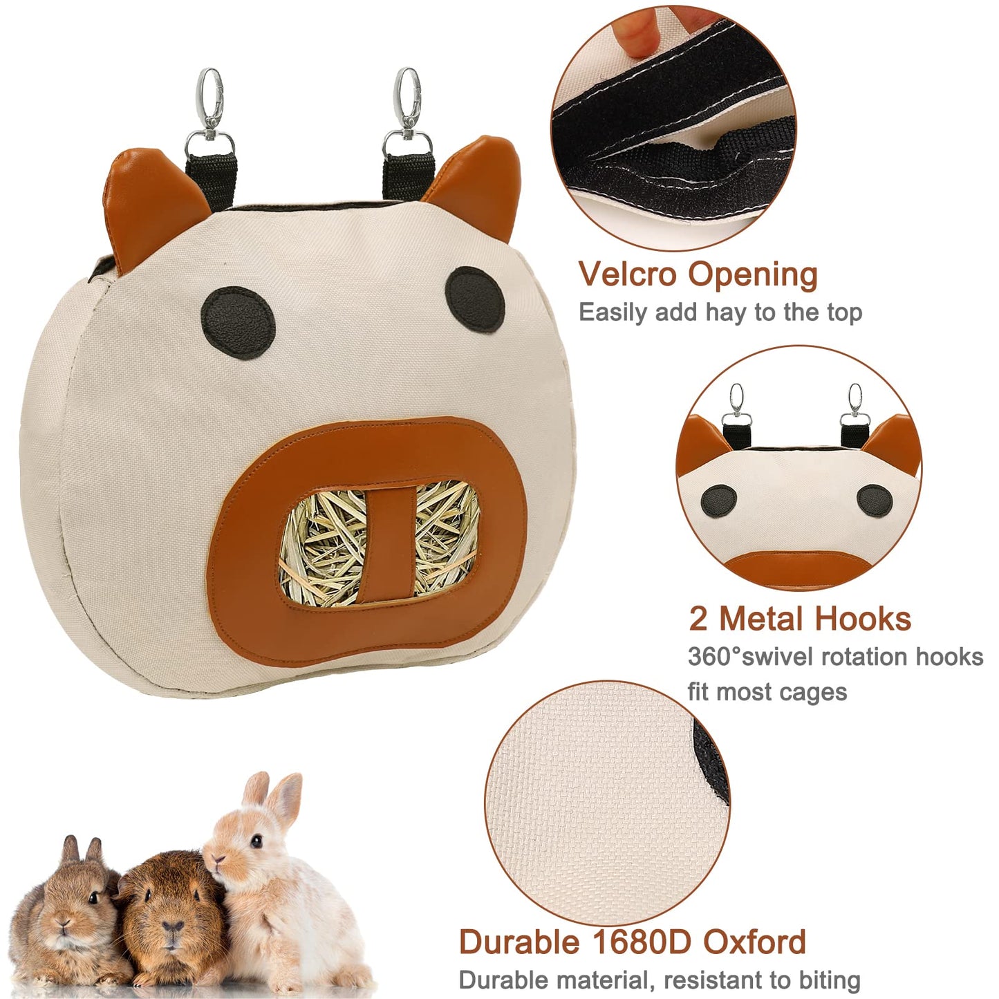 Zhilishu Rabbit Hay Feeder Bag, Hay Feeder for Guinea Pig Timothy Hay Feeder Dispenser Storage with 2 Hanging Hooks for Bunny Small Animal Cage Mess Free (Brown)