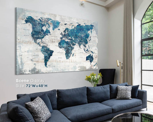 Wall Art Blue Map Oversized Large Office Decor for Women Framed White Artwork Rustic Farmhouse House Decorations for Living Room