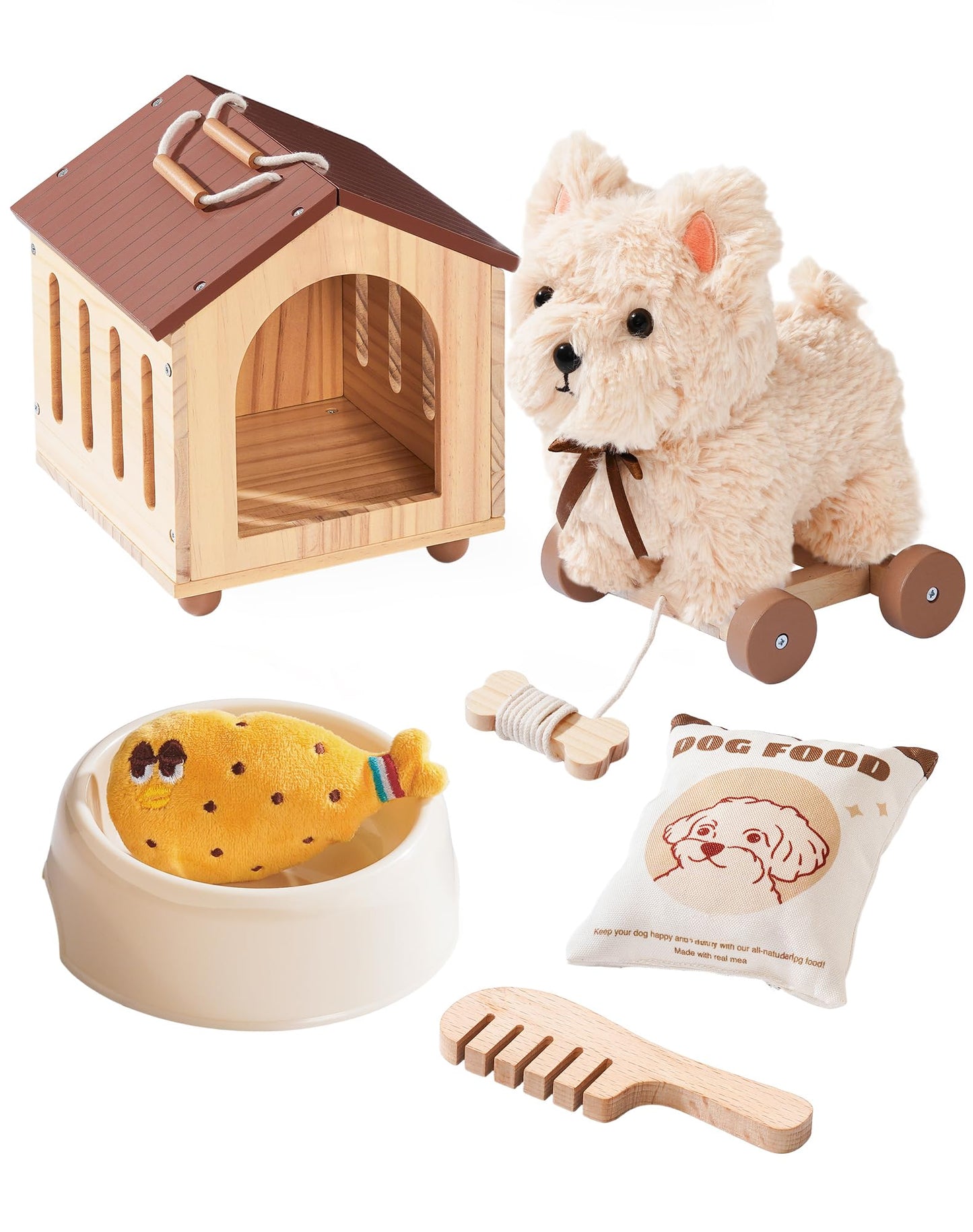 ROBOTIME Pull Dog Toy for Toddlers, Puppy Pet Care Pretend Play Set with Stuffed Animal, Dog House & Accessories, Walking Pull Along Toy, Educational Plush Gift for Boys and Girls