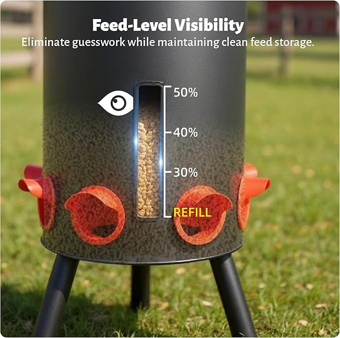 KOL 75 LB Large Free Standing Chicken Feeder, Portable Gravity Chicken Feeder Automatic, Dispenser, 8 Feeding Ports Poultry Feeder for Chicken Rooster & Hen (Black)