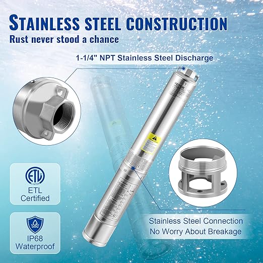 VEVOR Deep Well Submersible Pump, 3HP 230V/60Hz, 37GPM 640 ft Head, with 33 ft Cord & External Control Box, 4 inch Stainless Steel Water Pumps for Industrial, Irrigation and Home Use, IP68 Waterproof
