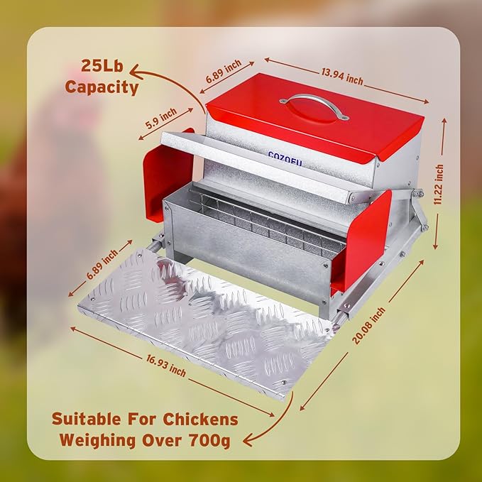 Feeders Automatic Chicken Feeder - Large Capacity for 6-12 Chickens, Lasts 10 Days (25lb Feed), Durable Galvanized Steel, Rat-Proof, No-Spill, Weatherproof Lid