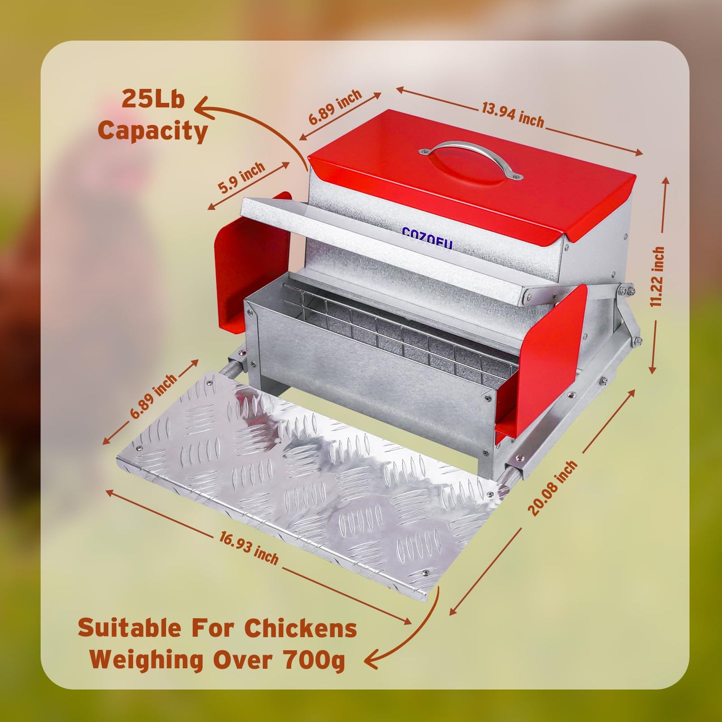 COZOFU Feeders Automatic Chicken Feeder - Large Capacity for 6-12 Chickens, Lasts 10 Days (25lb Feed), Durable Galvanized Steel, Rat-Proof, No-Spill, Weatherproof Lid