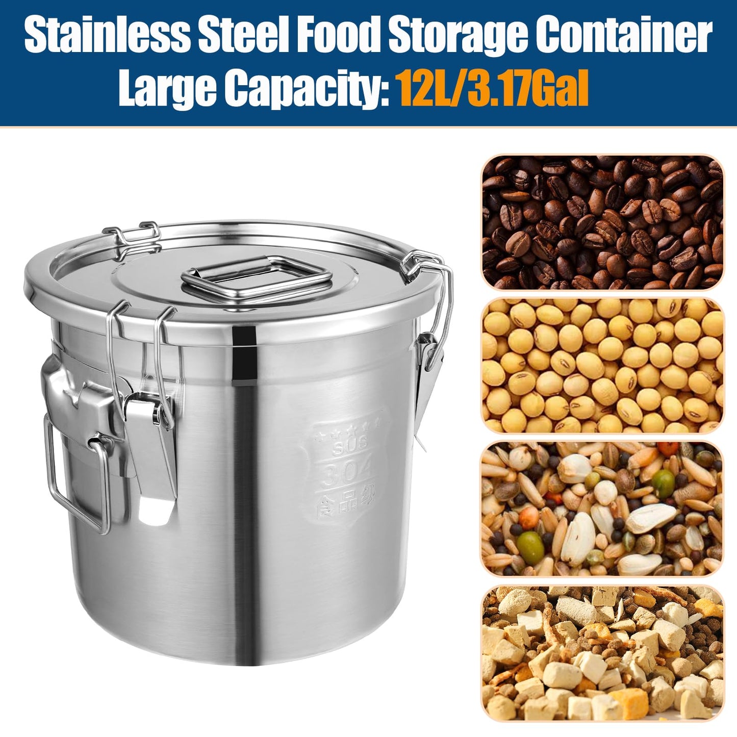304 Stainless Steel Airtight Canister, 3.17Gal/405oz Airtight Food Storage Container with Lid and Lock Clips, Large Metal Pantry Storage Canister for Coffee Beans, Flour, Tea, Sugar, Cereals