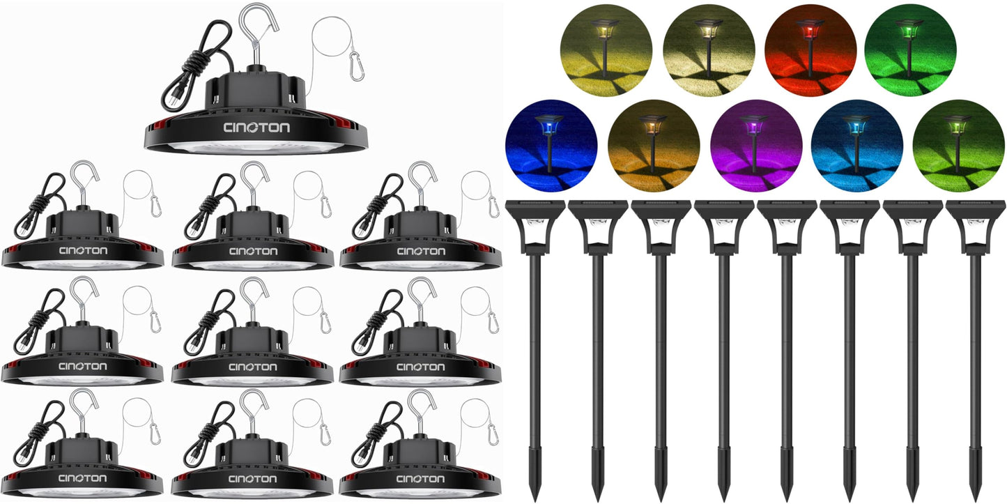 CINOTON UFO High Bay Light and Solar Pathway Light RGBCW 8 Pack