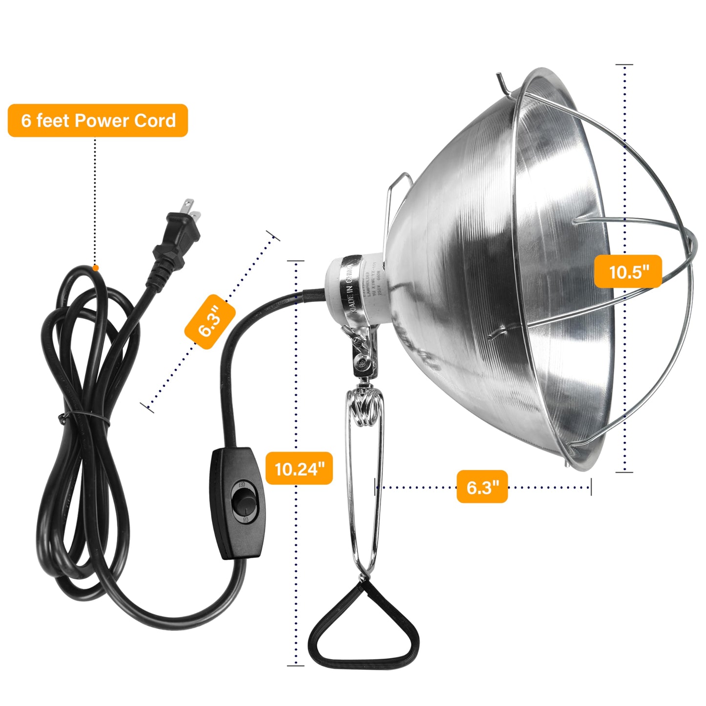Simple Deluxe Clamp Lamp Light Socket with 10.5 Inch Aluminum Reflector, Suit for Max 250 Watt Lamp (No Bulb Included) with 18/2-Gauge 6 Feet Cord, 1 Pack