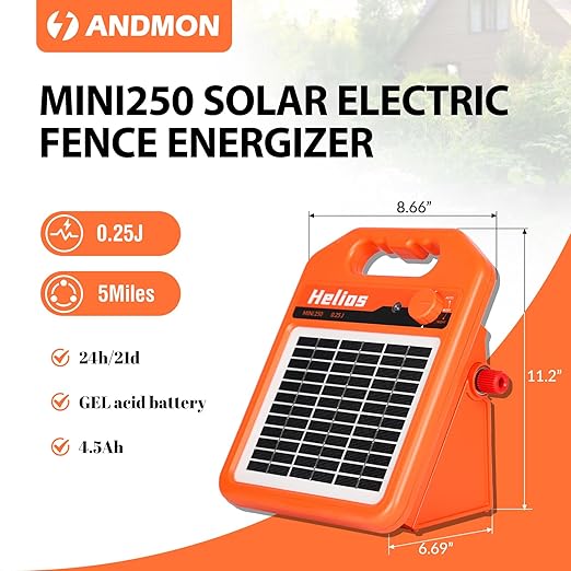 MINI250 15 Miles Solar Electric Fence Charger, 0.25 Joule Solar Fence Charger for Livestock, Pigs, Horses, Cattle Sheep, Solar Powered Electric Fence with Day or Night Mode, Easy Installation