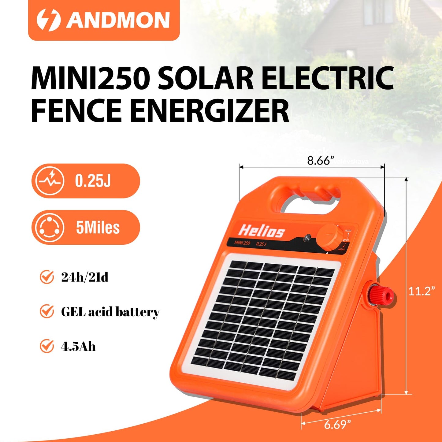 ANDMON MINI250 15 Miles Solar Electric Fence Charger, 0.25 Joule Solar Fence Charger for Livestock, Pigs, Horses, Cattle Sheep, Solar Powered Electric Fence with Day or Night Mode, Easy Installation