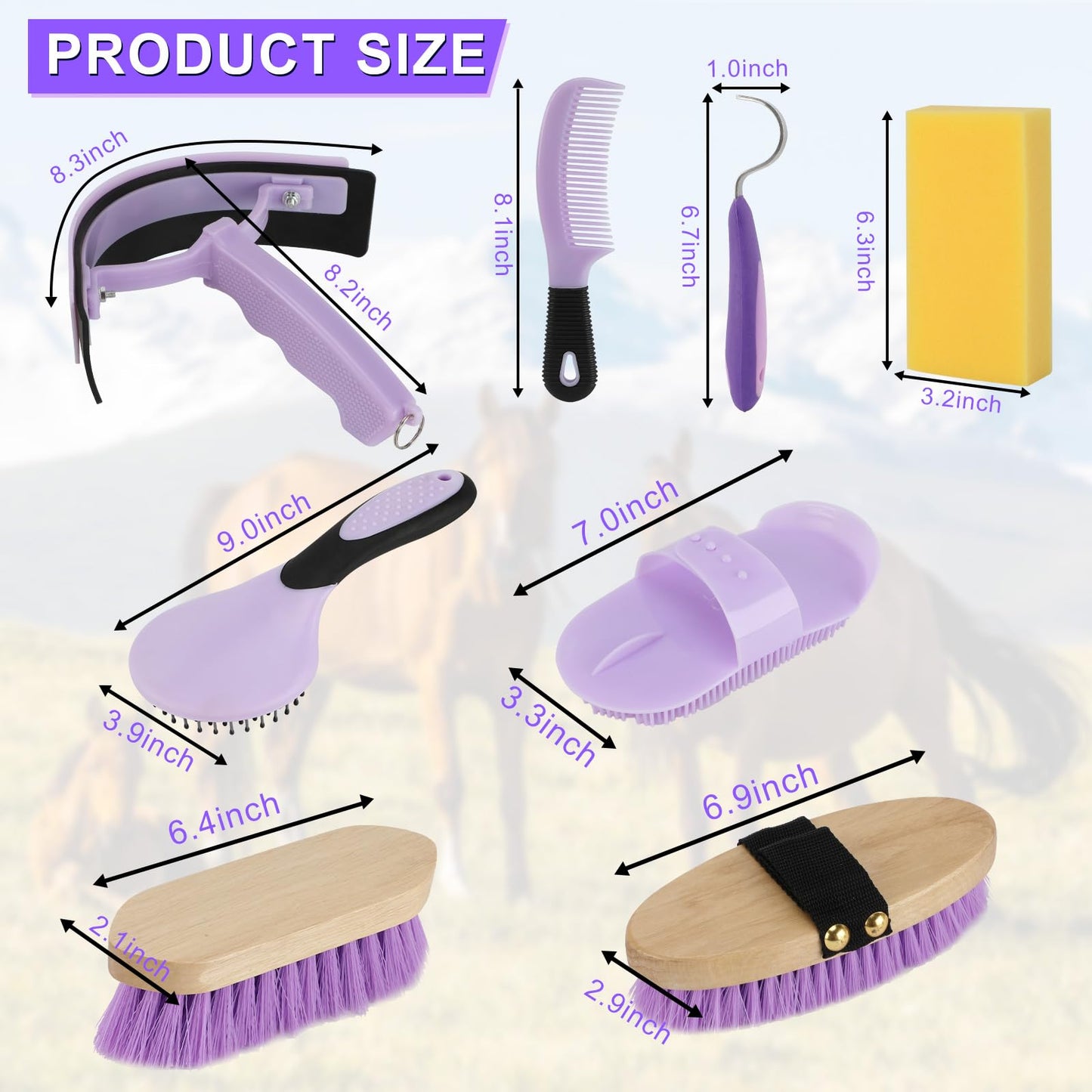 GINDOOR 9 Pieces Grooming Kit with Tote Bag, Sweat Scraper, Sponge, Hoof Pick, Curry Comb for Horse Riders Beginners (Purple)