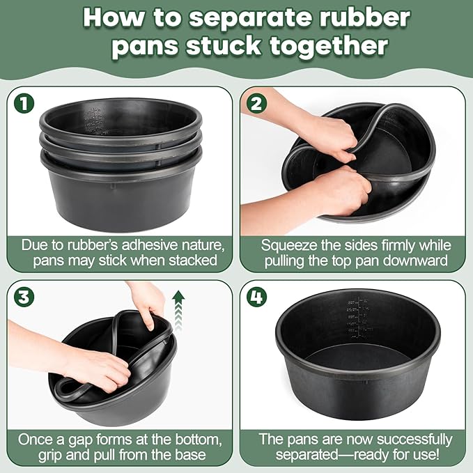 TINNMAO Rubber Feed Pan Set, 3 PCS 1-Gallon/4-Quart Chicken Feeder Pan with 3 Mesh Veggie Bags (24" x 0.12"), Thickened Heavy Duty Tub Feeding Bucket Bowls for Outdoor Livestock Duck Water & Dust Bath