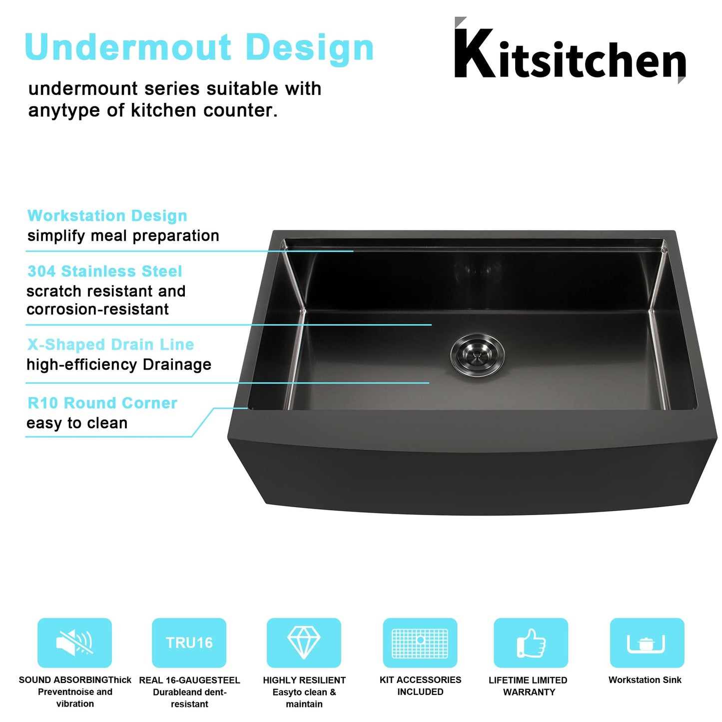 Farmhouse Sink 33 inch, Black 16 Gauge Ledge Stainless Steel Rustic Farmhouse Sinks Apron Front Undermount Farm Single Bowl Kitchen Sinks with Accessories,33"x20"x10"