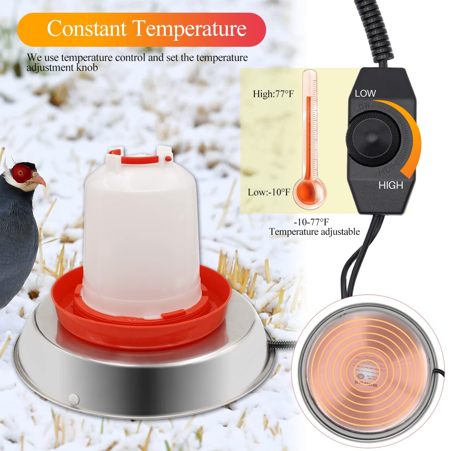 Chicken Waterer Heater,14 Inch Heated Chicken Waterer Base for Winter 5 Gallon with Anti-bite Cable for Poultry Fountains Water Bowl Plastic Metal Waterer