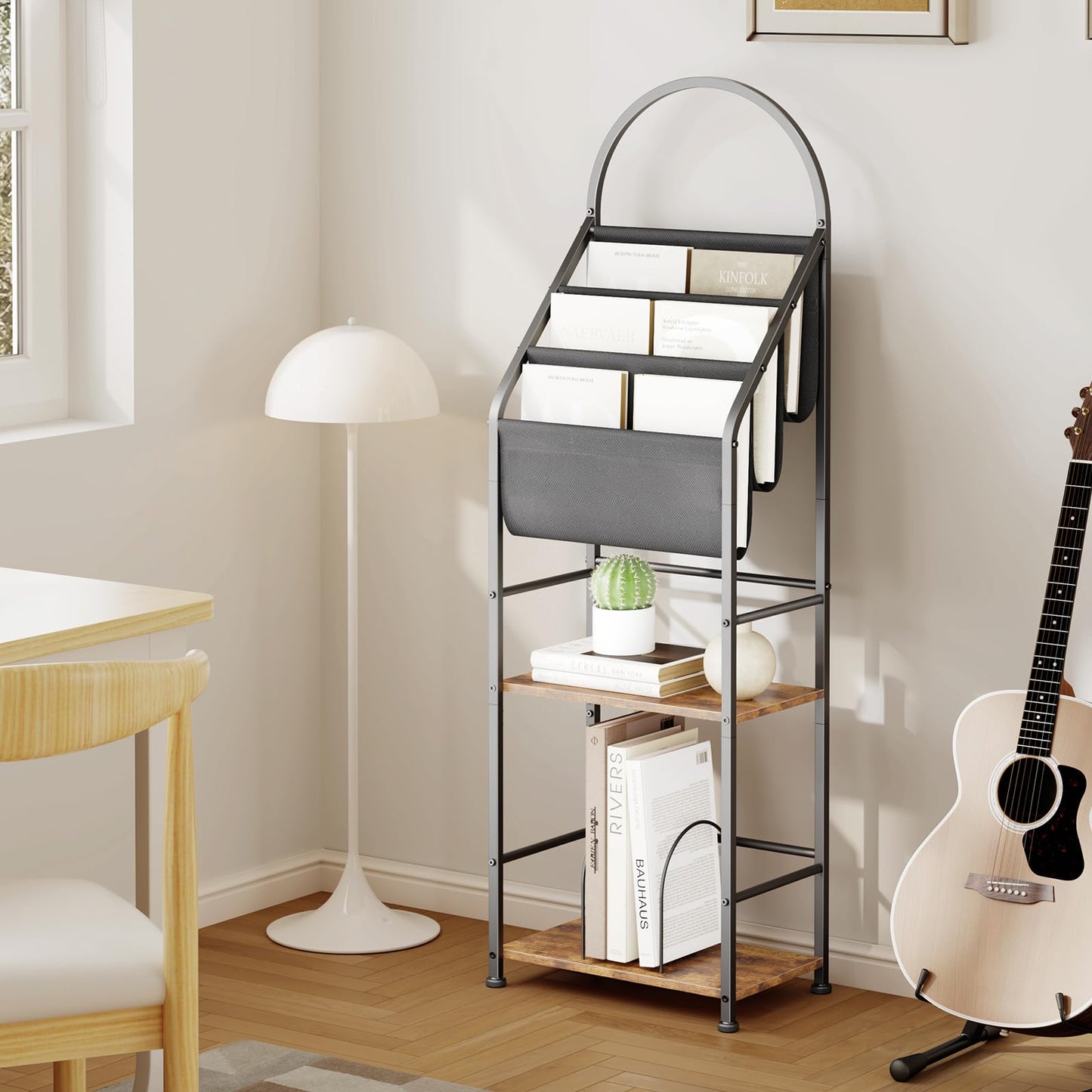 Leadpro Bookshelf with 3 Tier Vinyl Holder Display Shelf, Record Storage Organizer Rack Cabinet for Book Magazine, Tall Industrial Open Book Shelves with Metal Frame for Living Room (Rustic Brown)