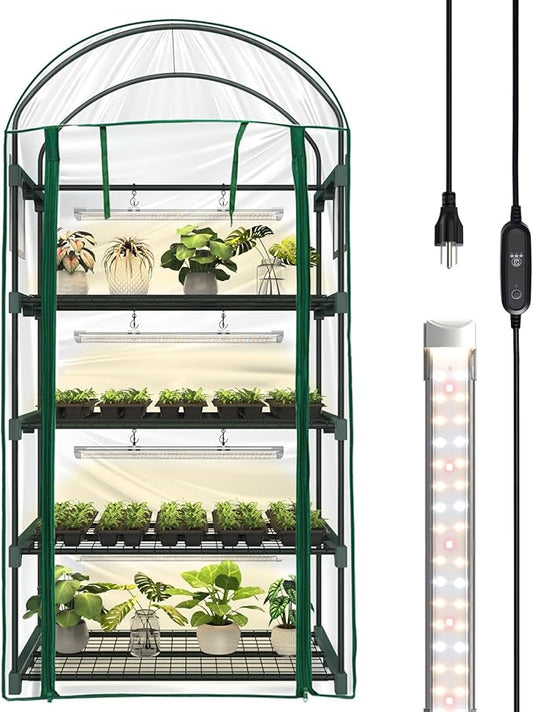 Bstrip Indoor Greenhouse with Grow Light, 4-Tier Mini Green House, 4Pcs Grow Lights for Indoor Plants with Timer, Zippered PVC Grow Tent with Airflow Windows, Indoor Greenhouse Cabinet 35x19.3x63in