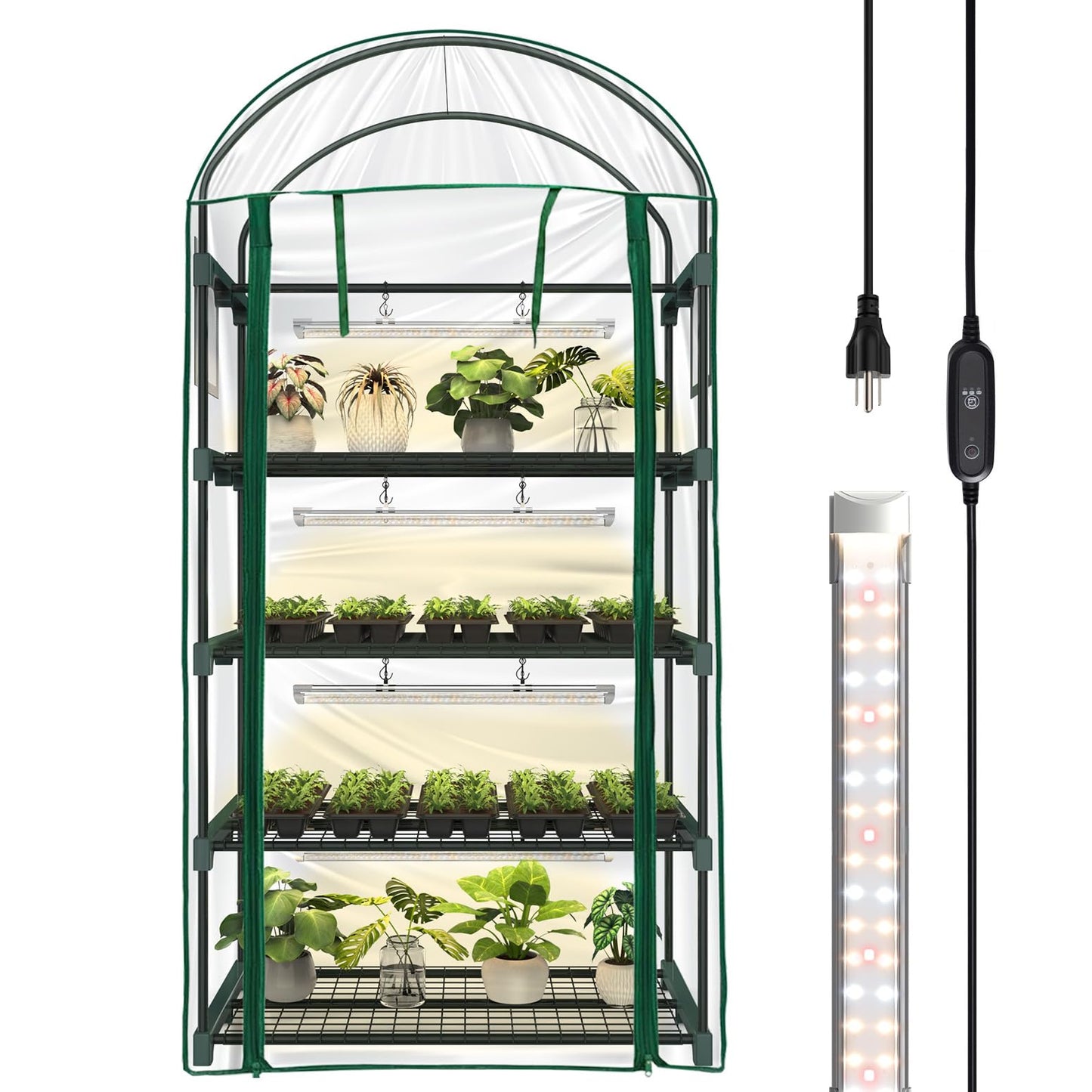 Bstrip Indoor Greenhouse with Grow Light, 4-Tier Mini Green House, 4Pcs Grow Lights for Indoor Plants with Timer, Zippered PVC Grow Tent with Airflow Windows, Indoor Greenhouse Cabinet 35x19.3x63in