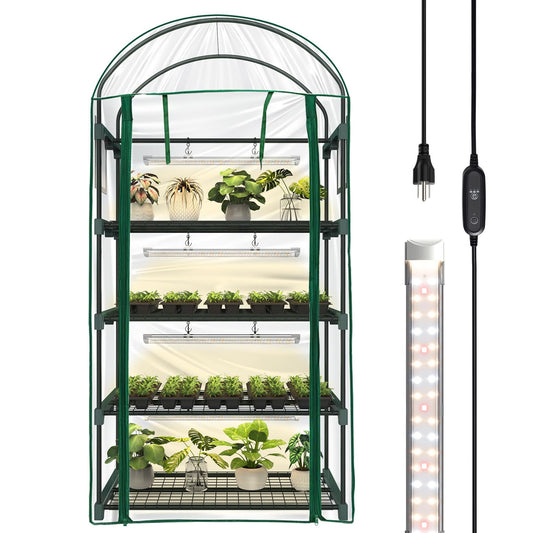 Bstrip Indoor Greenhouse with Grow Light, 4-Tier Mini Green House, 4Pcs Grow Lights for Indoor Plants with Timer, Zippered PVC Grow Tent with Airflow Windows, Indoor Greenhouse Cabinet 35x19.3x63in