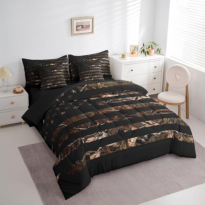 Feelyou American Flag 7 Pieces Bedding Set, Queen Brown Camouflage Botancial All Season,Bed in a Bag with Comforter, Sheets, Pillowcases Branch Hunting Bed Set Breathable Camouflage Hunter Room Decor