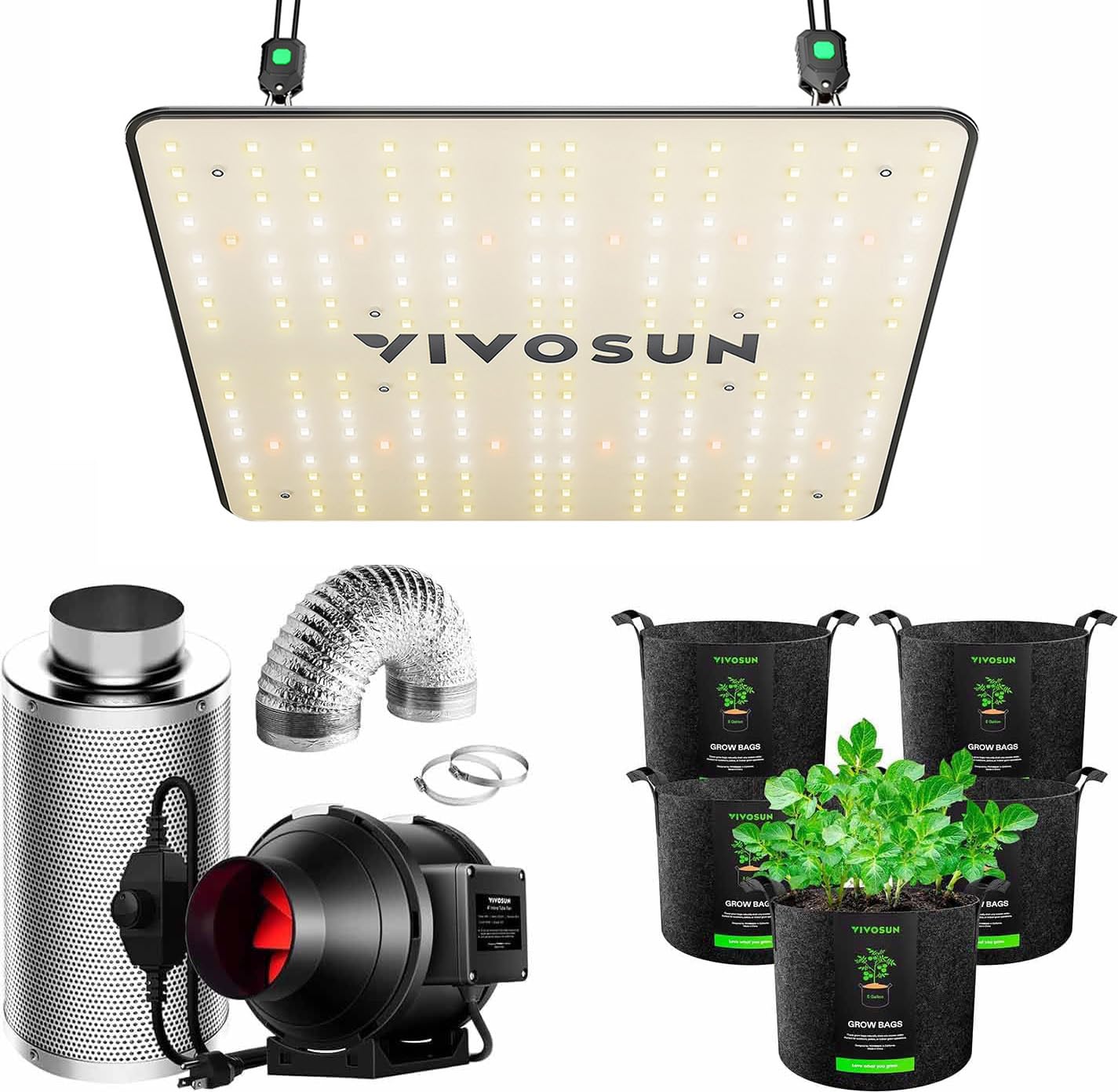 VIVOSUN VS1000 LED Grow Light with Ventilation Kit 4 Inch 190 CFM Inline Fan with Speed Controller, 4 Inch Carbon Filter and 8 Feet of Ducting and 5-Pack 3 Gallon Plant Grow Bags