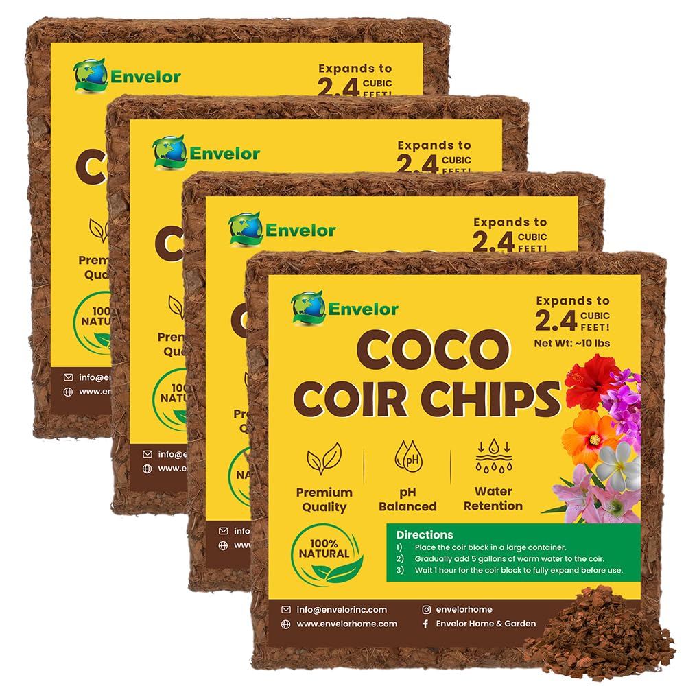 Coco Coir Husk Chips 4-Pack – 2.4 Cu. Ft. Compressed Coconut Coir Bricks, 10 lb. Natural Substrate for Indoor & Outdoor Use, Orchid Bark Alternative, Orchid Potting Mix, Indoor Plant Soil
