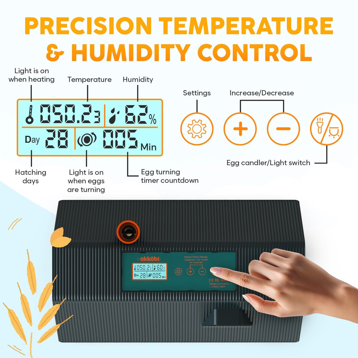 Incubator for Hatching Eggs - Ideal for All Ages - Automatic Turner and Humidity Control - Integrated Candler - 10 Eggs - Okkobi M10 - Green & Orange