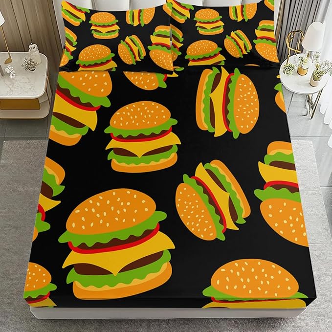 California King Bed Sheets Set - 3 Piece 3D Cheeseburger Bedding - Brushed Microfiber - Shrinkage and Fade Resistant - Easy Care (French Fry Hamburger, California King, Black & Yellow)