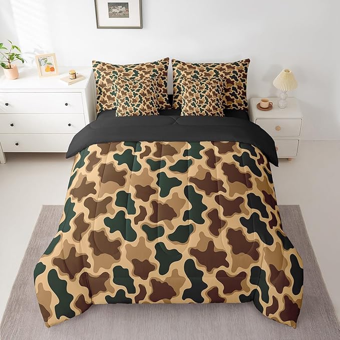 Feelyou Camouflage Bed Set Boys Girls Queen Size Camo 7 Pieces Bedding Set for Kids Women Men Military Style Bed Set Includes Comforter, Sheet Set, Pillowcases Hunting Theme Room Decor