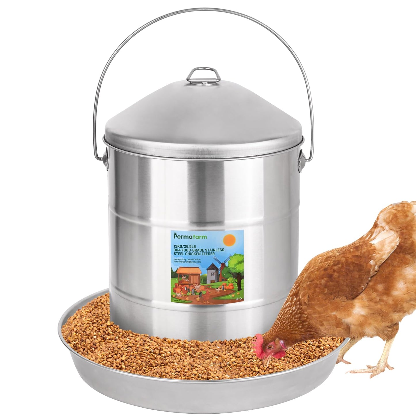Permafarm® Automatic Chicken Feeder 12KG/26.5lbs, Authentic 304 Food-Grade Stainless Steel Poultry Feeder |Heavy-Duty 0.9mm Metal Thickness, Top-Fill Design, Rust-Free & Built for Life-Long Durability