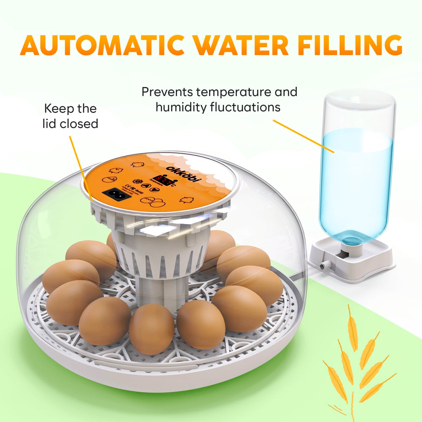 Okkobi M12 Egg Incubator with Automatic Turner and Humidity Control - 12/24 Eggs, 360° View, Easy to Use and Clean - Incubadora de Huevos de Gallina - Made for US - White & Orange