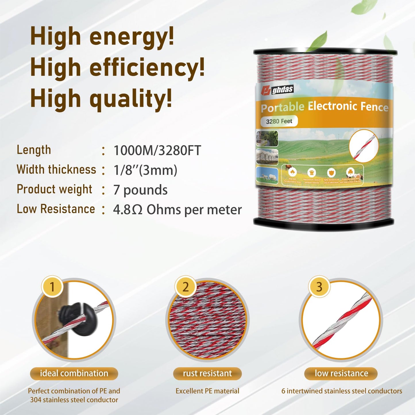 Portable Electric Fence Polywire 3280 Feet 1000 Meter, for Fencing Livestock, Farm Animals, Horses, Deers, Farm Animals, Gardens, Good Conductivity and Waterproof, Coyote-Proof, Crossing-Proof