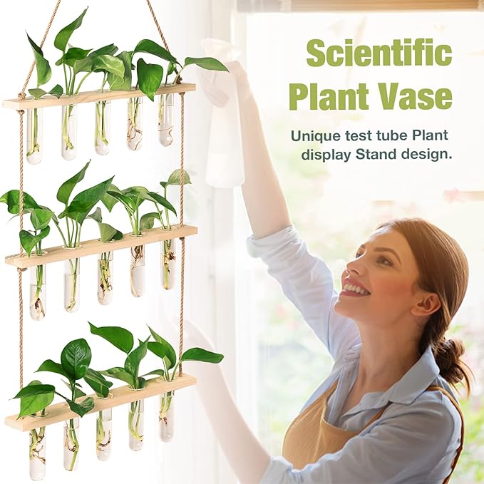 XXXFLOWER Wall Hanging Propagation Station with Wooden Stand 5 Glass Test Tubes 3 Tiered Planters Wall Terrarium for Home Office Plant Hanger Flower Vases Wall Decor Hydroponic Cuttings