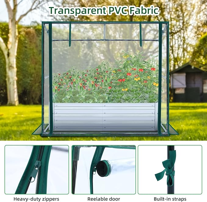 Ohuhu Raised Garden Bed with Greenhouse, 4x2x1 FT Galvanized Metal Planter Box with PVC Cover, Protects Plants from Frost Birds Insects, 3-in-1 Gardening Set for Vegetable Flower Herb Succulent