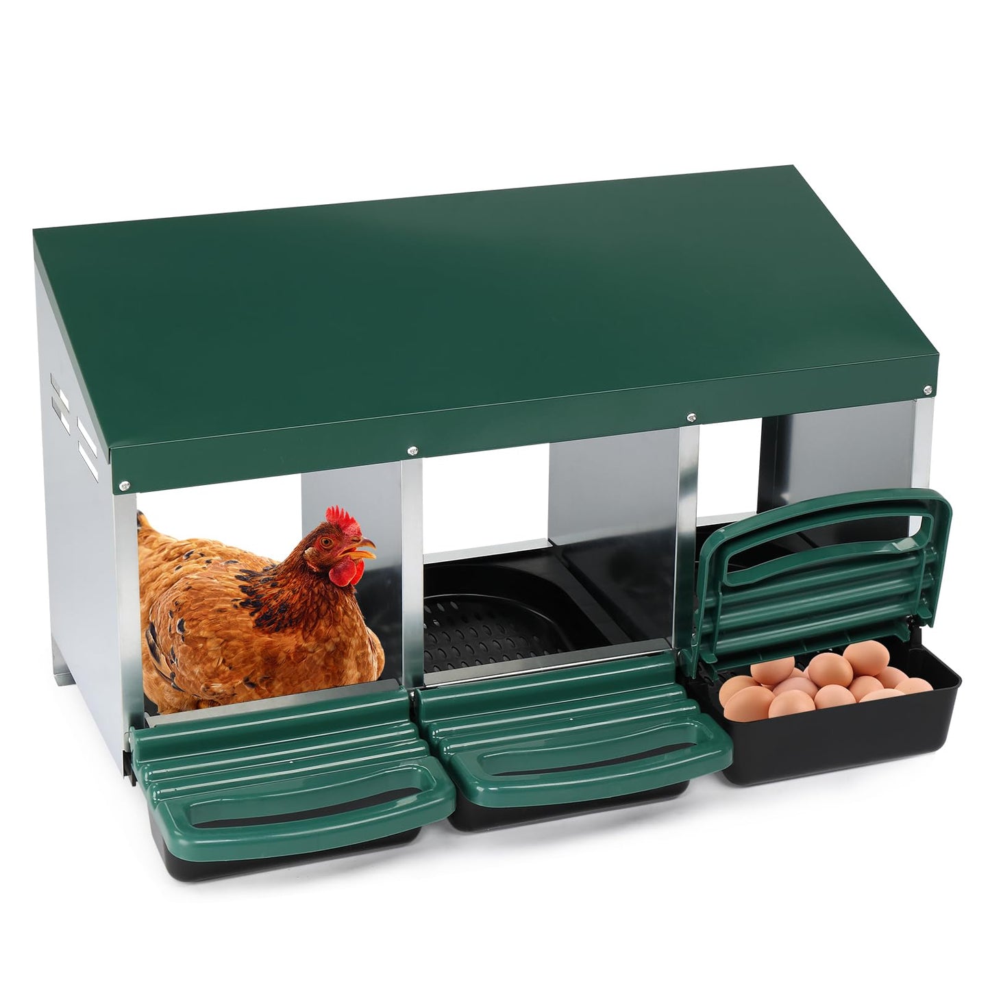 Outvita Chicken Nesting Box, 3 Compartments Chicken Laying Box, Hanging Nesting Box with Egg Saver, Perch Cover for Hen