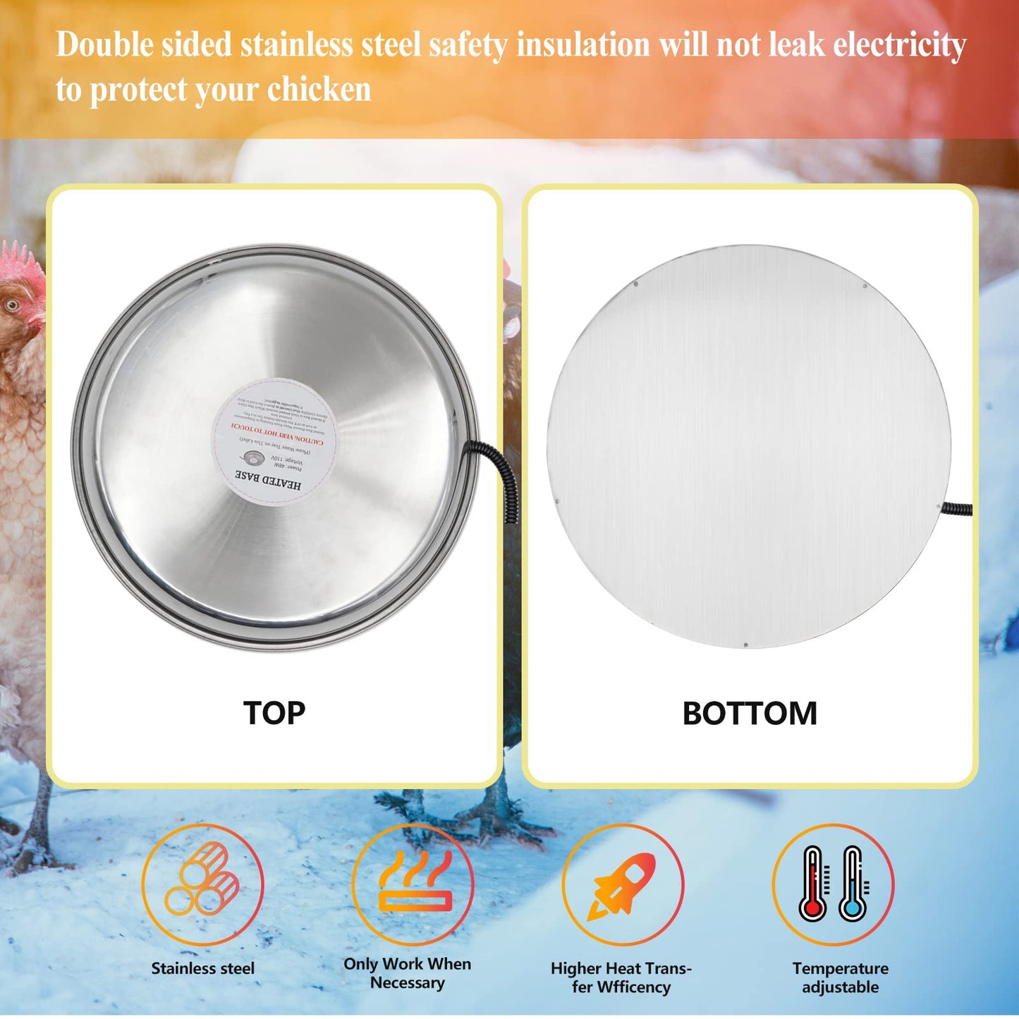 Chicken Waterer Heater,14 Inch Heated Chicken Waterer Base for Winter 5 Gallon with Anti-bite Cable for Poultry Fountains Water Bowl Plastic Metal Waterer