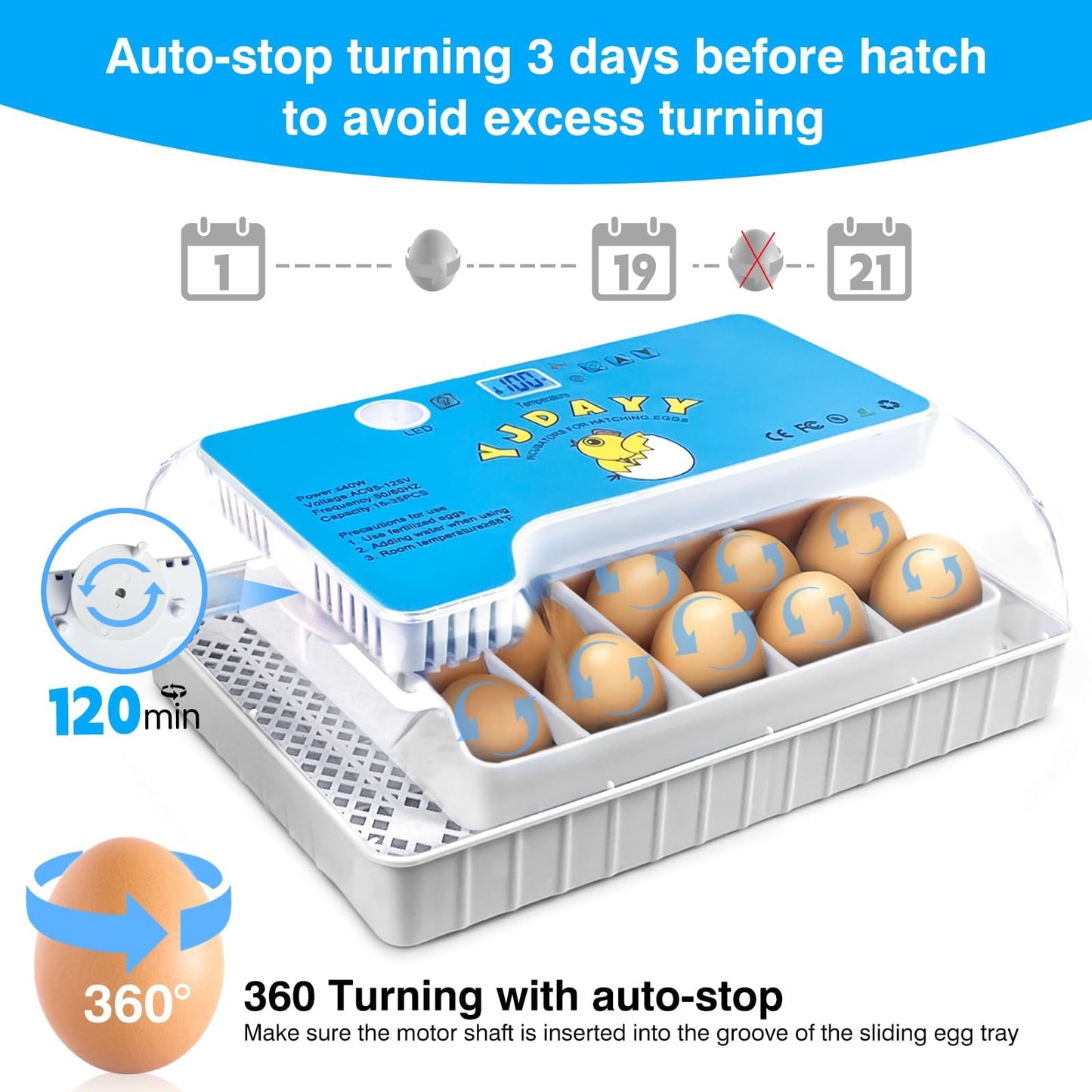 Incubators for Hatching Eggs 15-35 Eggs Incubator with Automatic Egg Turning and ℉Temperature Display LED Candler Poultry Incubator for Hatching Chicken Duck and Quail Incubator (Blue)