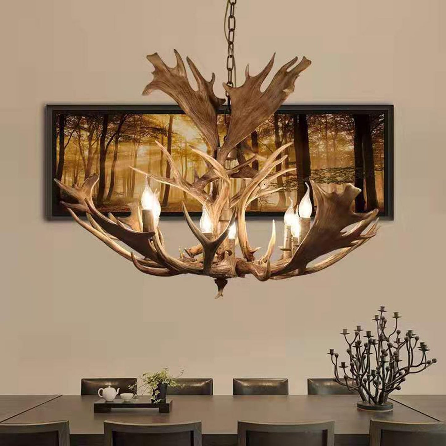 MIXL - Large Resin Deer Antler Chandelier,8-Lights Deer Horn Pendant Light,Rustic Kitchen Island Lighting,Farmhouse Style Chandelier for Hotel Dining Room and Foyer