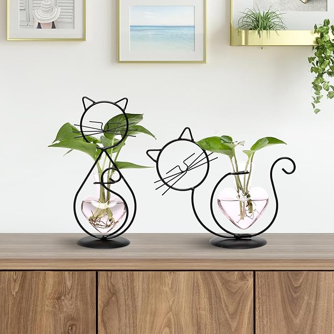 Plant Terrarium Plant Propagation Station Cat Lover Gifts for Women Plant Lovers Home Office Decor Cat Desk Accessories
