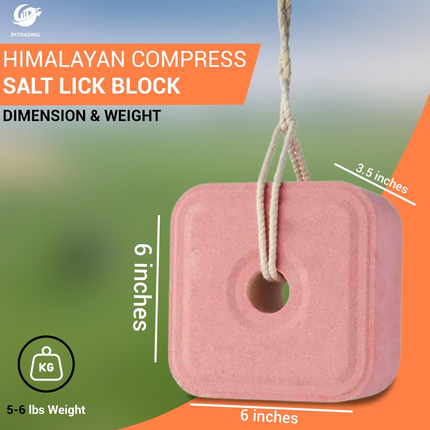 ZKTRADING Compressed Himalayan Salt Lick for Animals – 3KG Natural Mineral Block Hanging Rope Included – Long-Lasting & Weather Resistant – Ideal for Horse, Cow, Deer, and Livestock. (Pack 1)
