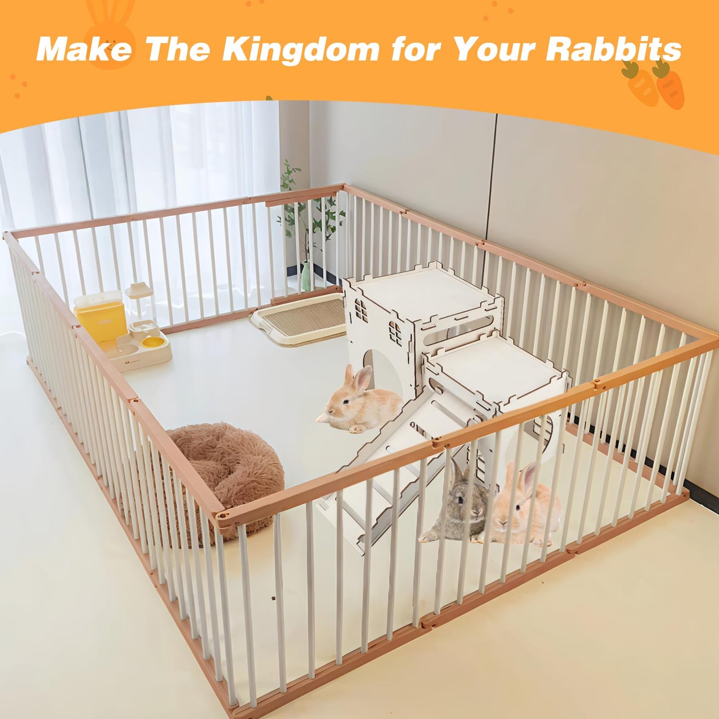 Rypet Large Wooden Rabbit Castle Bunny House, Sturdy Wood Bunny Castle with Stair, Detachable Rabbit Hideaway Breathable Small Animal Indoor Playhouse for Rabbits Hamster Guinea Pig Chinchilla Ferret